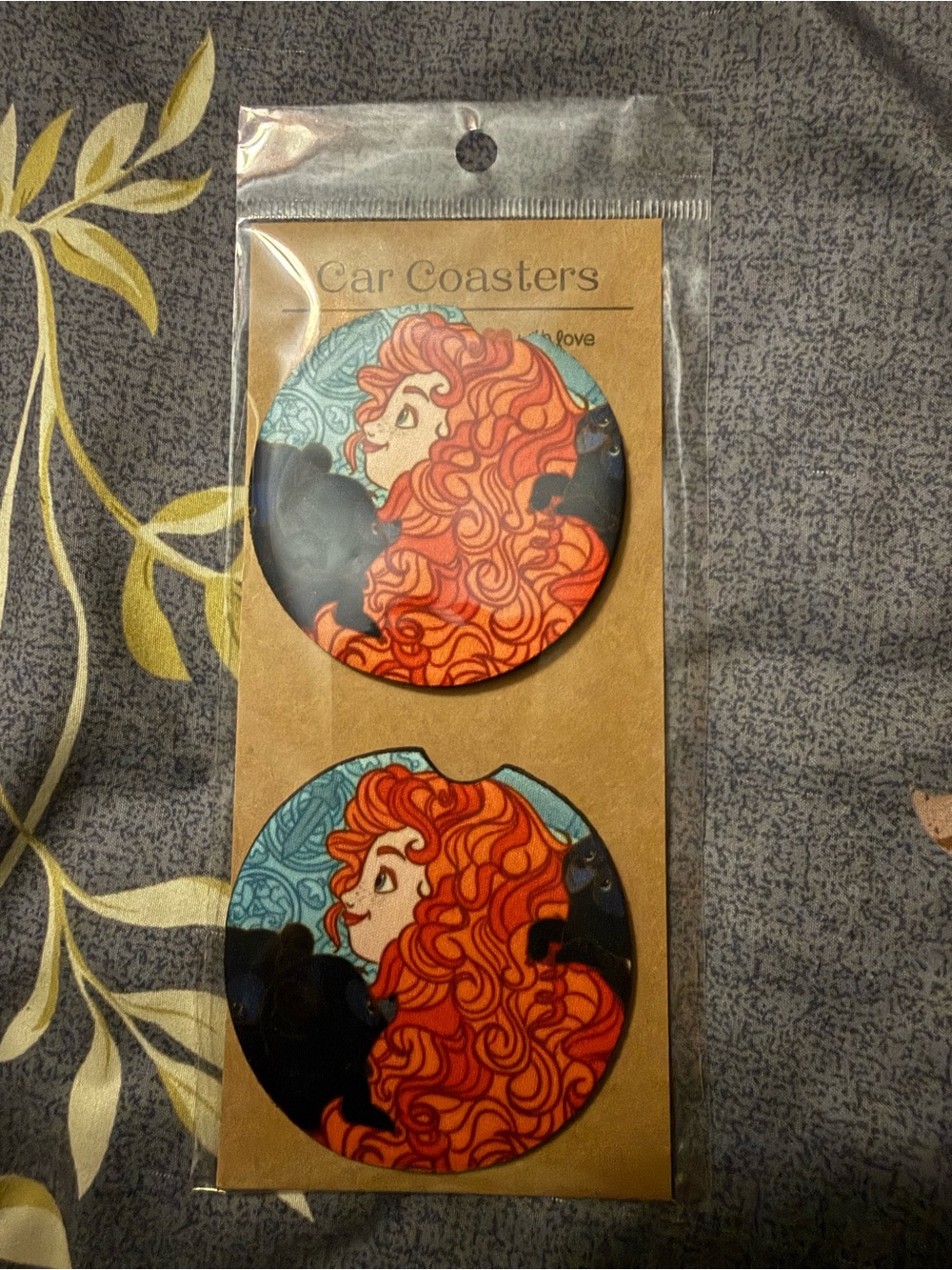 Decorative Car Coasters with Vibrant Red-Orange Curly Hair Design Disney Brave.